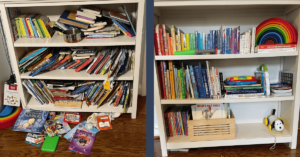 before and after organized books, professional home organizer, Organized Jill, Winston Salem NC