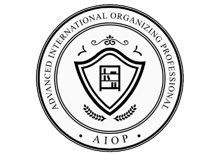 A circular logo reads Advanced International Organizing Professional around a shield with a bookshelf icon in the center and AIOP at the bottom.