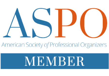 Logo for the American Society of Professional Organizers, with ASPO in large letters and MEMBER in a blue box below.