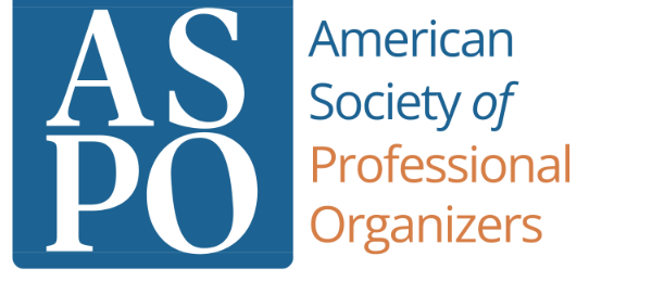Logo for the American Society of Professional Organizers. The acronym ASPO is in a blue square on the left, with the full name in blue and orange text on the right.