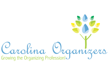 Logo for Carolina Organizers featuring a stylized tree with blue and green leaves, and the text “Growing the Organizing Profession!” in green beneath the name.