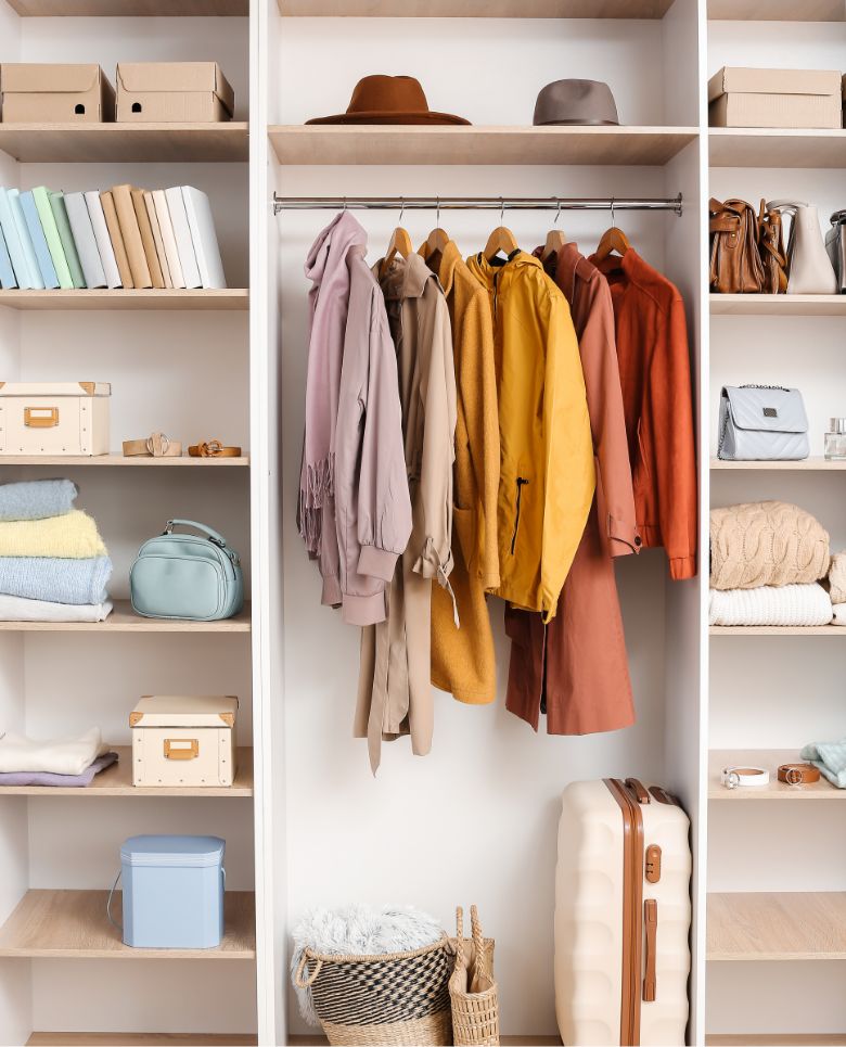 Organized closet with jackets on hangers, shelves of folded clothes, hats, books, purses, baskets, and a beige suitcase. Neutral and pastel colors dominate the scene.