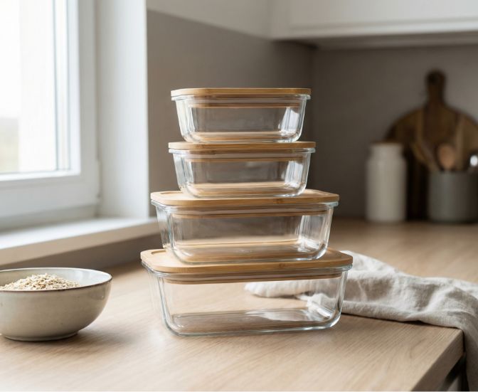Four glass food storage containers with bamboo lids are stacked on a wooden kitchen counter. A bowl with oats and a beige cloth are nearby, with kitchen items blurred in the background.