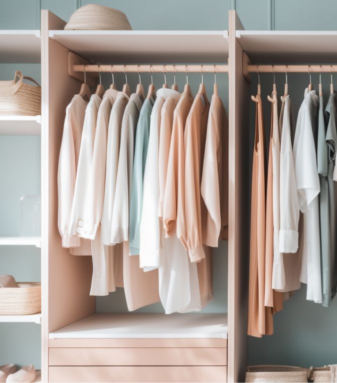 Open closet with neatly hung neutral-colored shirts, blouses, and jackets. Shelves hold woven baskets, a hat, and folded linens. The overall look is organized and minimalistic with soft pastel tones.
