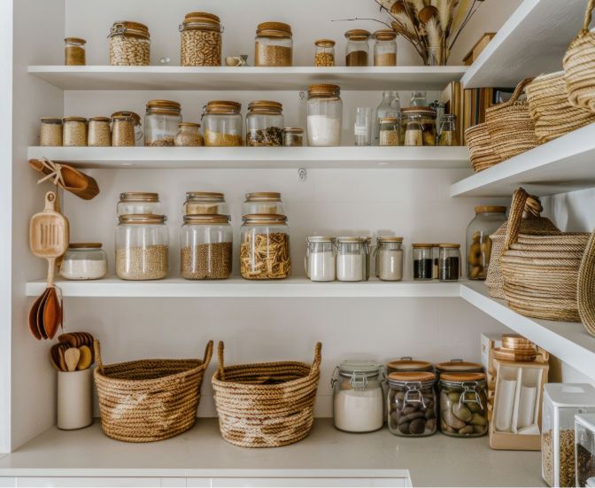 Three white shelves display glass jars filled with dry goods. Woven baskets and wooden utensils are organized below. The space is tidy, neutral-toned, and minimalistic.