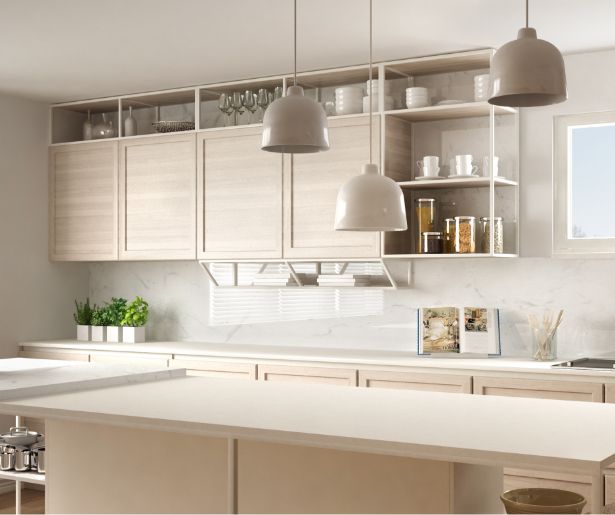 Modern kitchen with light wood cabinets, white countertops, hanging pendant lights, open shelves with dishes and jars, potted herbs, a window with blinds, and a cookbook open on the counter.