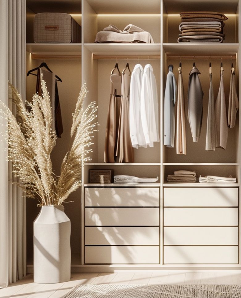 Minimalist beige wardrobe with hanging shirts, dresses, folded clothes, and storage boxes. A large white vase with dried pampas grass sits on the floor beside the wardrobe. Soft natural light fills the space.