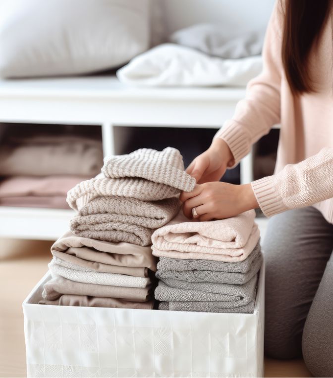 A woman neatly folds and organizes cozy, neutral-colored sweaters and clothes into a white storage bin in a tidy room.