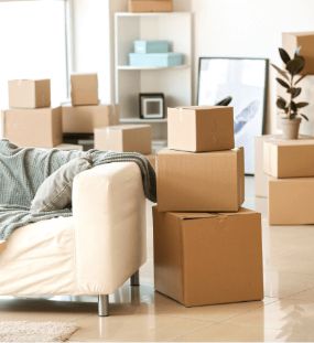 A living room with a white couch and several cardboard moving boxes stacked on the floor. There is a plant, a shelf with items, and a framed picture in the background. The scene suggests someone is moving in or out, possibly preparing to arrange their space or organize various services through a convenient Mega Menu.