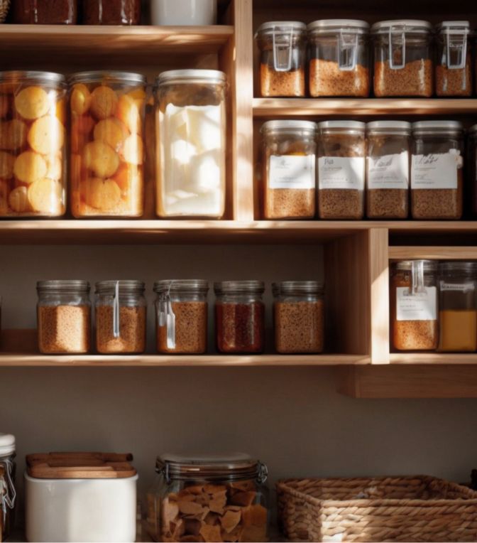 Wooden shelves stocked with glass jars filled with cookies, pasta, grains, spices, and other dry foods, with a wicker basket and additional jars below, all neatly organized in a well-lit pantry space.