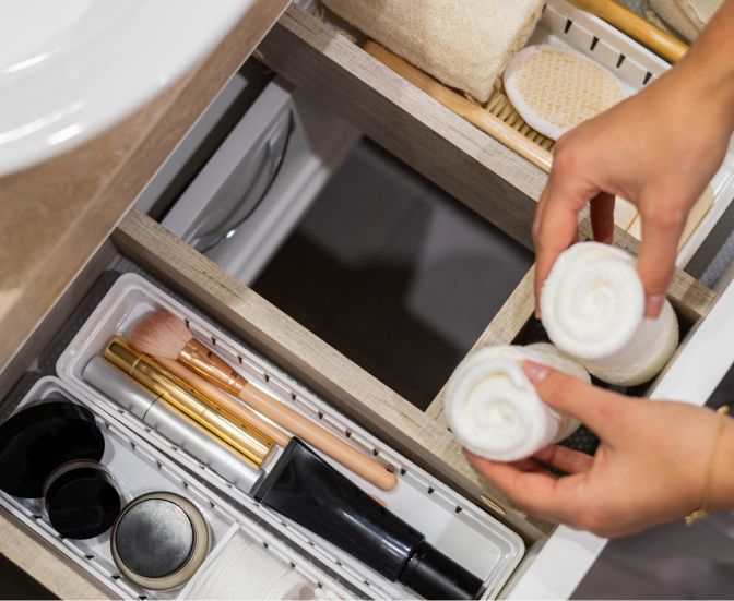 A person organizes a bathroom drawer with rolled white towels, brushes, and makeup items neatly arranged in compartments.
