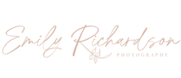 Logo with Emily Richardson Photography in elegant cursive, with a small floral illustration beneath the word Richardson. The text is a soft beige color on a white background.