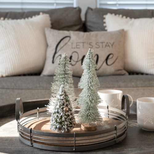 holiday decorations on tray living room table