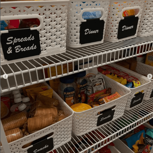organized labeled pantry bins on shelf by Organized Jill