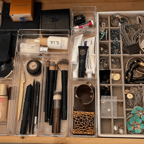 organized beauty supplies in drawer by Organized Jill