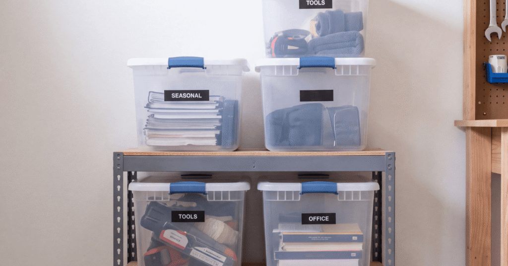 organized home storage with bins and labels