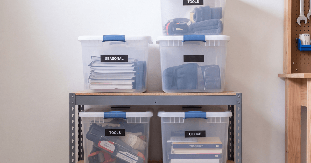organized home storage with bins and labels